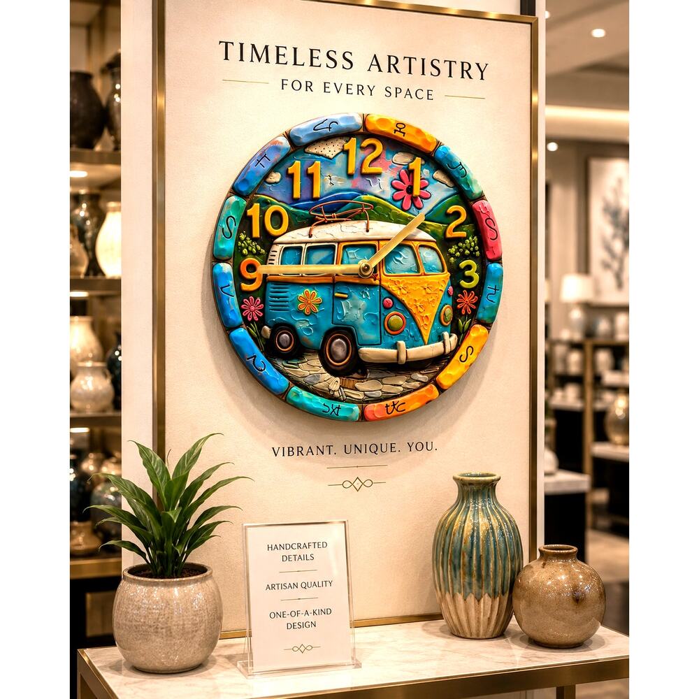 Retro Boho 60's Bus Van Clock 8"x 8"